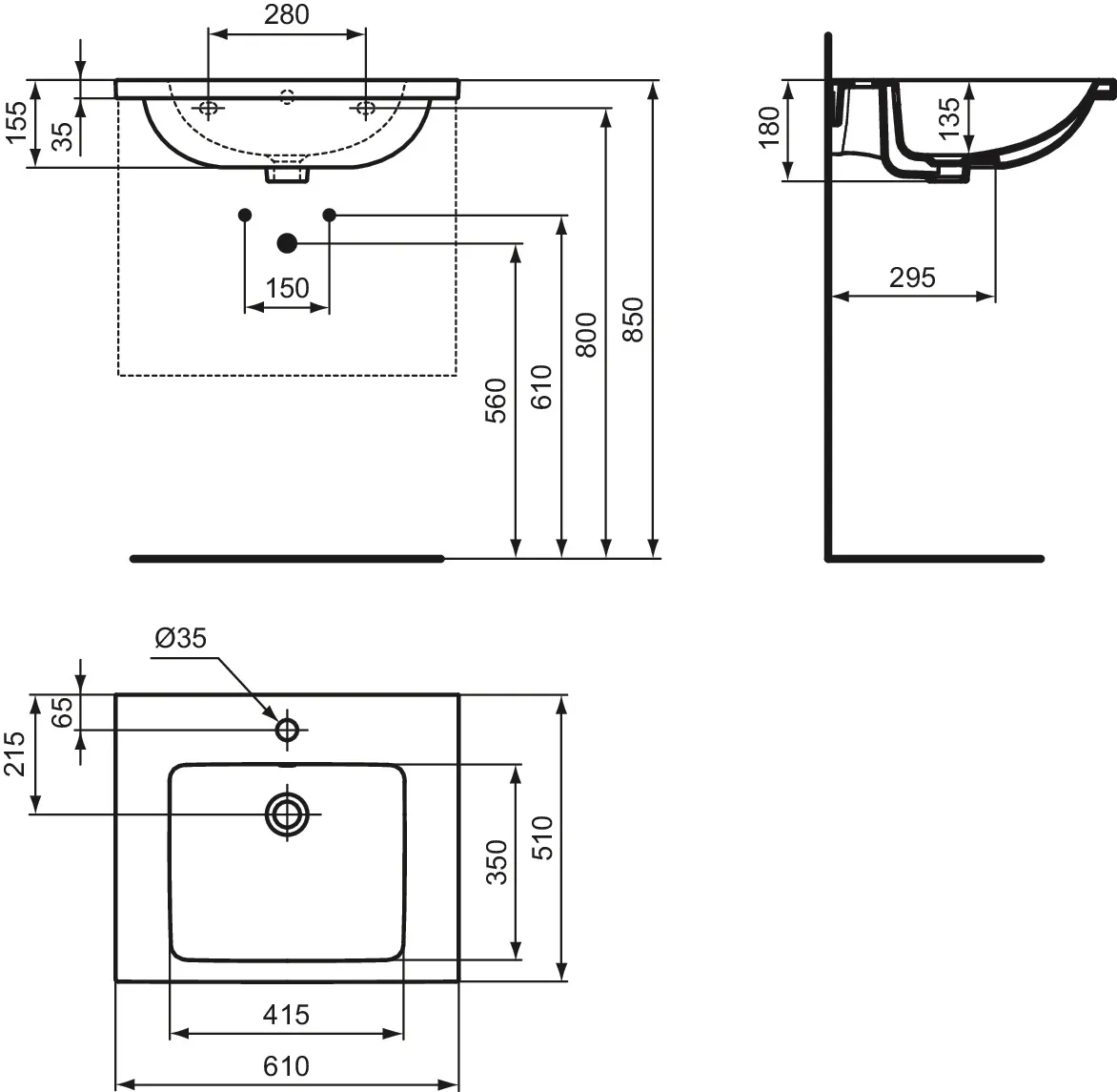 Waschbecken „i.lifeB“ 61 × 51 × 18 cm, Hahnlochposition mittig in Weiß Waschbecken „i.lifeB“ 61 × 51 × 18 cm, Hahnlochposition mittig in Weiß