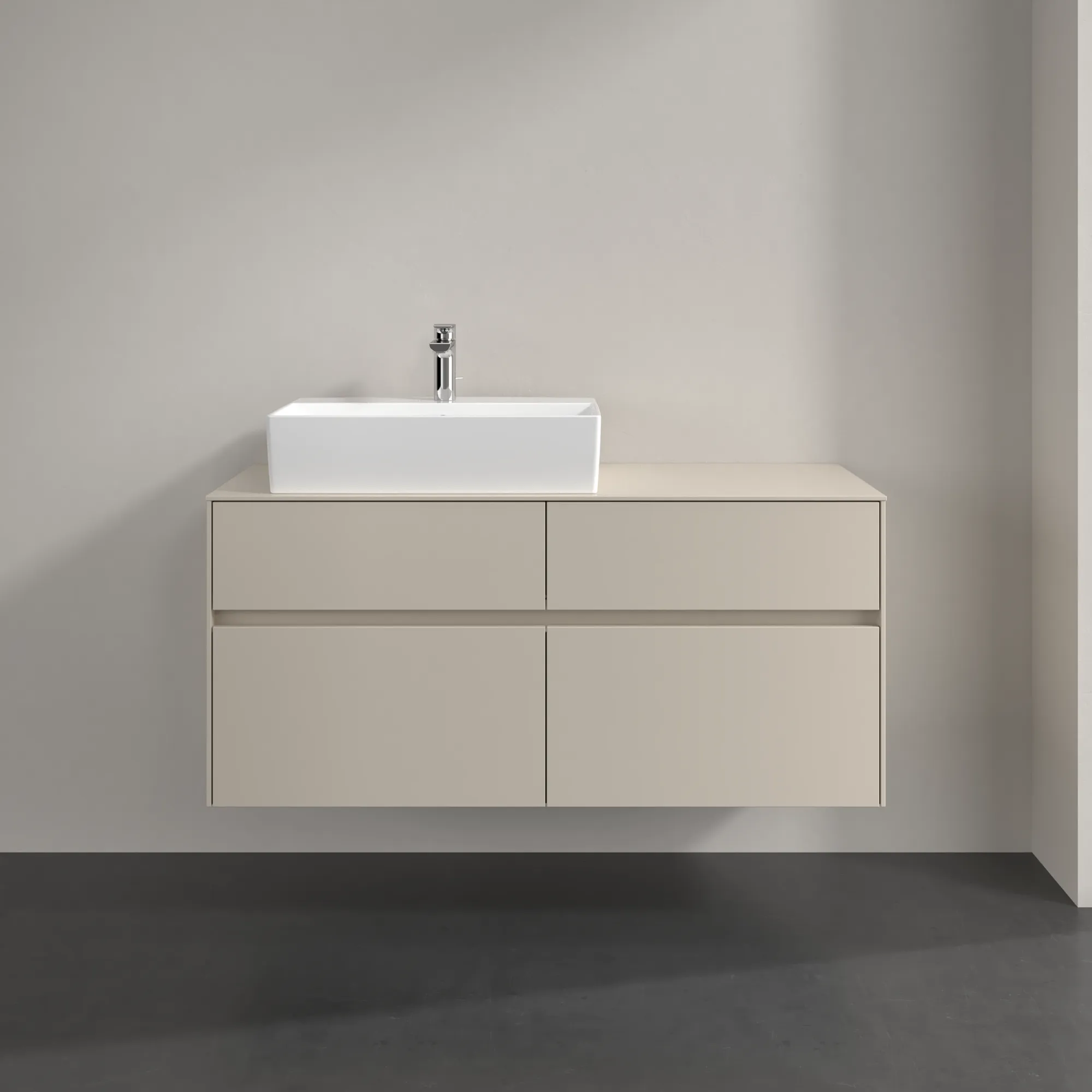 Villeroy & Boch Waschtischunterschrank „Collaro“ 1200 × 548 × 500 mm Cashmere Grey, mit Beleuchtung, für Becken links Villeroy & Boch Waschtischunterschrank „Collaro“ 1200 × 548 × 500 mm Cashmere Grey, mit Beleuchtung, für Becken links