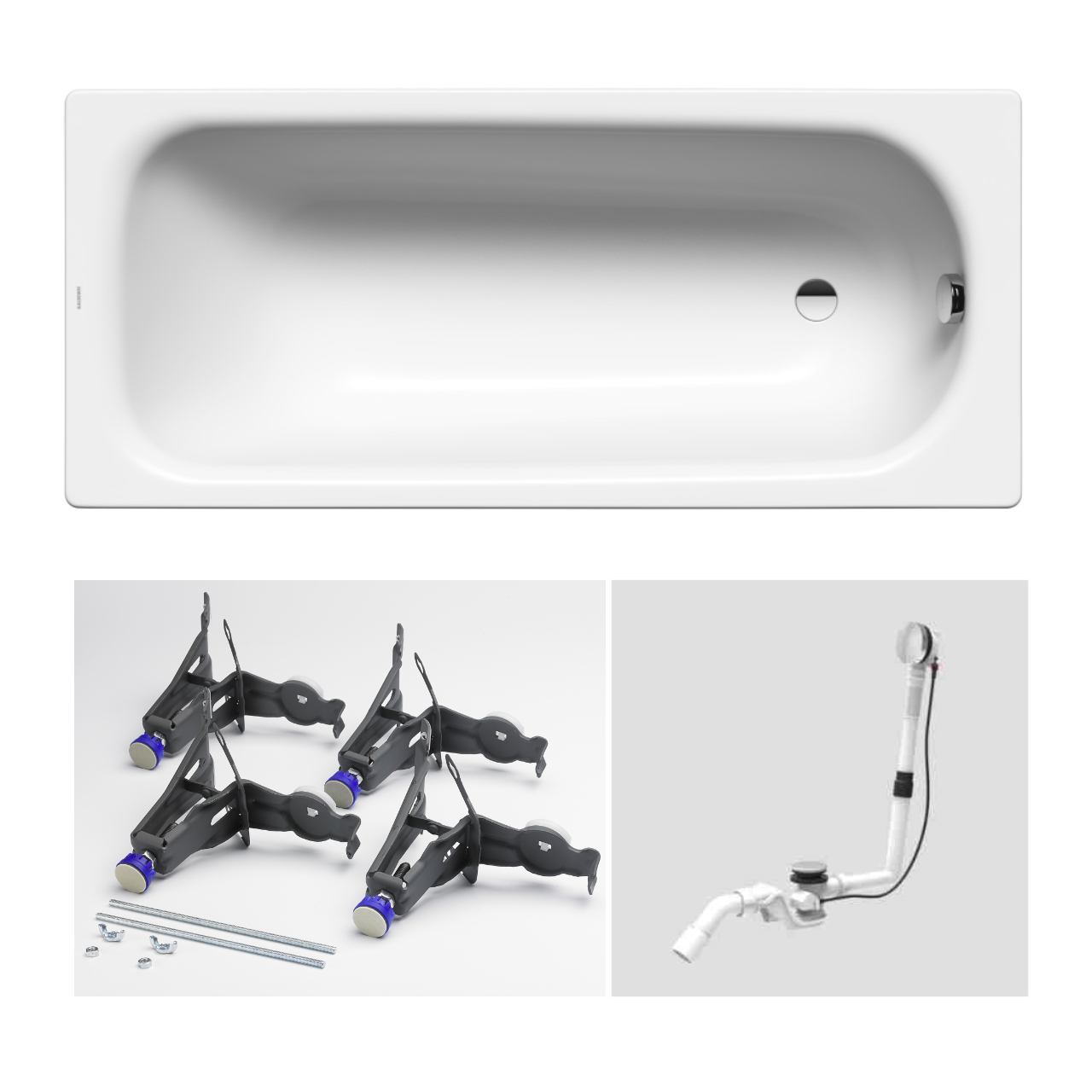 Set- Kaldewei Badewanne „Saniform Plus“ rechteck 170 × 75 cm, Fußgestell Allround „5030“ Modell 5030 und „Basic flat“ Ab- und Überlaufgarnitur