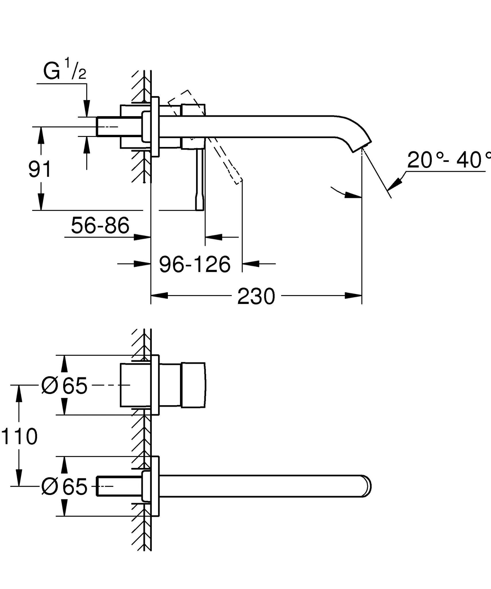 2-Loch-Waschtischbatterie Essence 29193_1, Wandmontage, Fertigmontageset für 23 571, Stichmaß 110 mm, Ausladung 230 mm, Professional Edition 2-Loch-Waschtischbatterie Essence 29193_1, Wandmontage, Fertigmontageset für 23 571, Stichmaß 110 mm, Ausladung 230 mm, Professional Edition