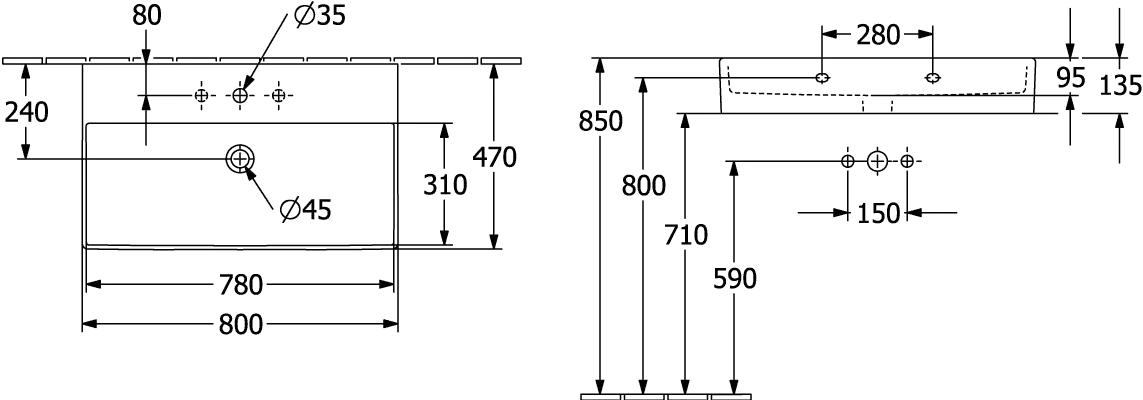 Villeroy & Boch Wandwaschtisch aus TitanCeram „Memento 2.0“ 800 × 470 × 140 mm, ohne Hahnlochbohrung in Weiß Alpin Villeroy & Boch Wandwaschtisch aus TitanCeram „Memento 2.0“ 800 × 470 × 140 mm, ohne Hahnlochbohrung in Weiß Alpin