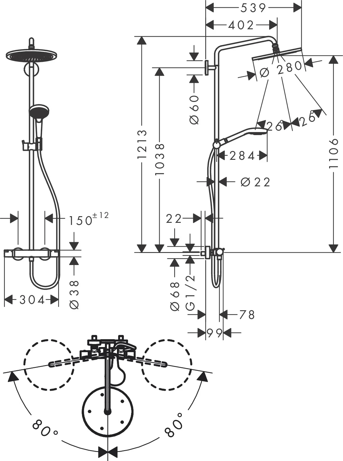 Hansgrohe Croma Select S Showerpipe EcoSmart mit Thermostat und Handbrause Raindance Select S 120 3jet, mattschwarz, 280 mm Brausekopfgröße, 400 mm Brausearmlänge, Aufputzinstallation