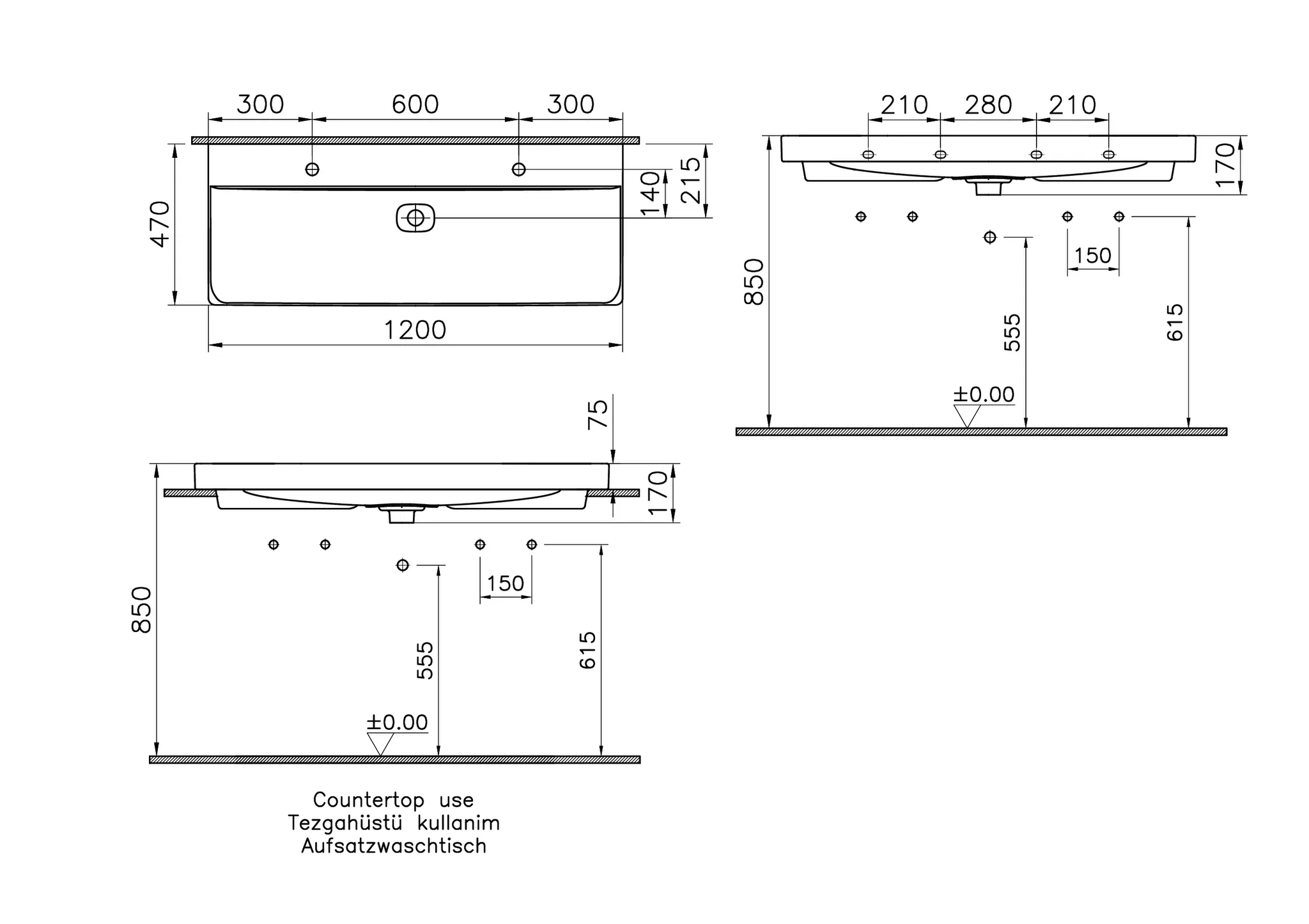 VitrA New Metropole Doppelaufsatzwaschtisch wandgebunden rechteckig 120 x 47 cm