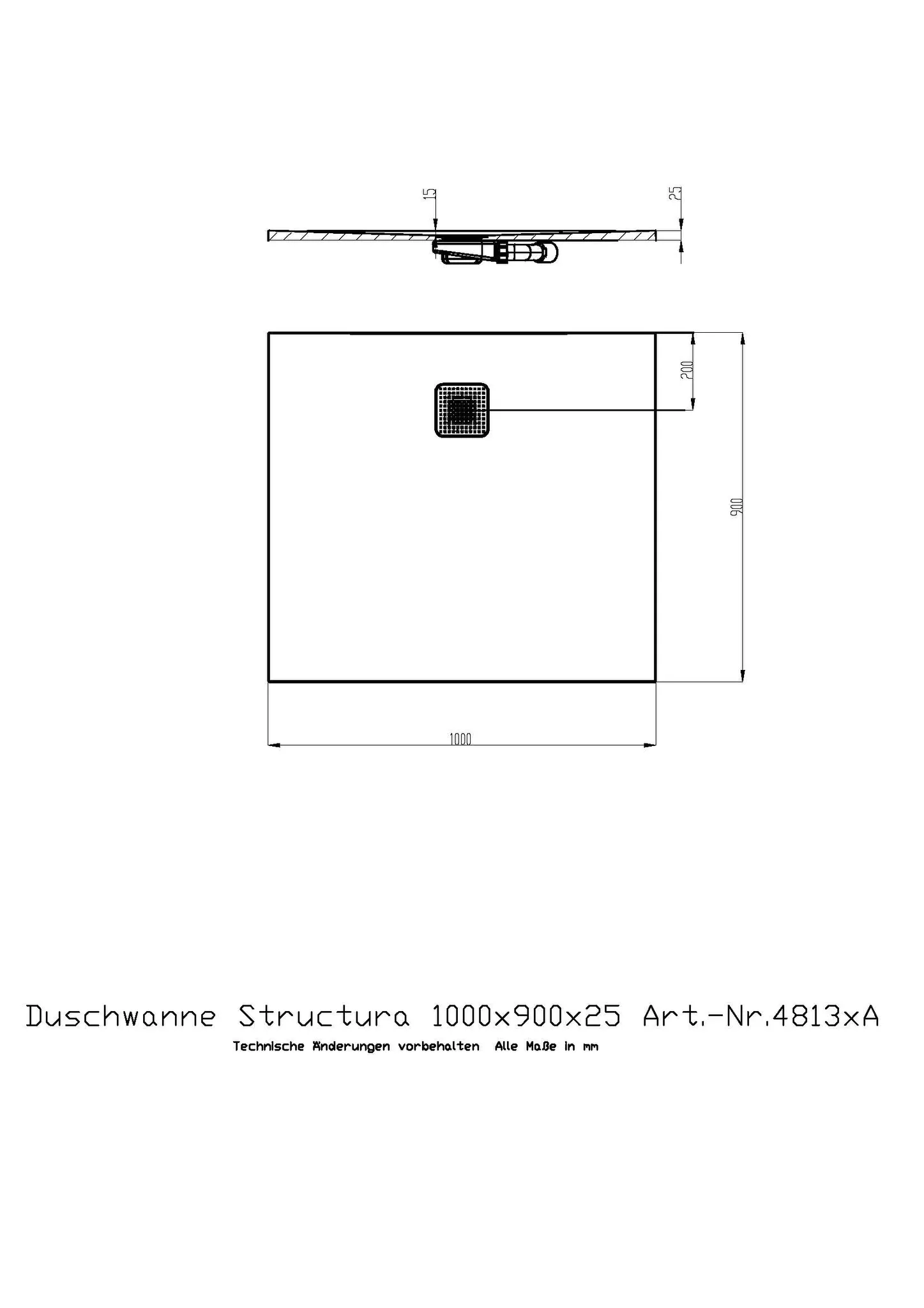 Duschwanne Structura 1000x900x25 in gesoftete Schieferoptik, mit Antirutsch B, Material Solique, Weiß