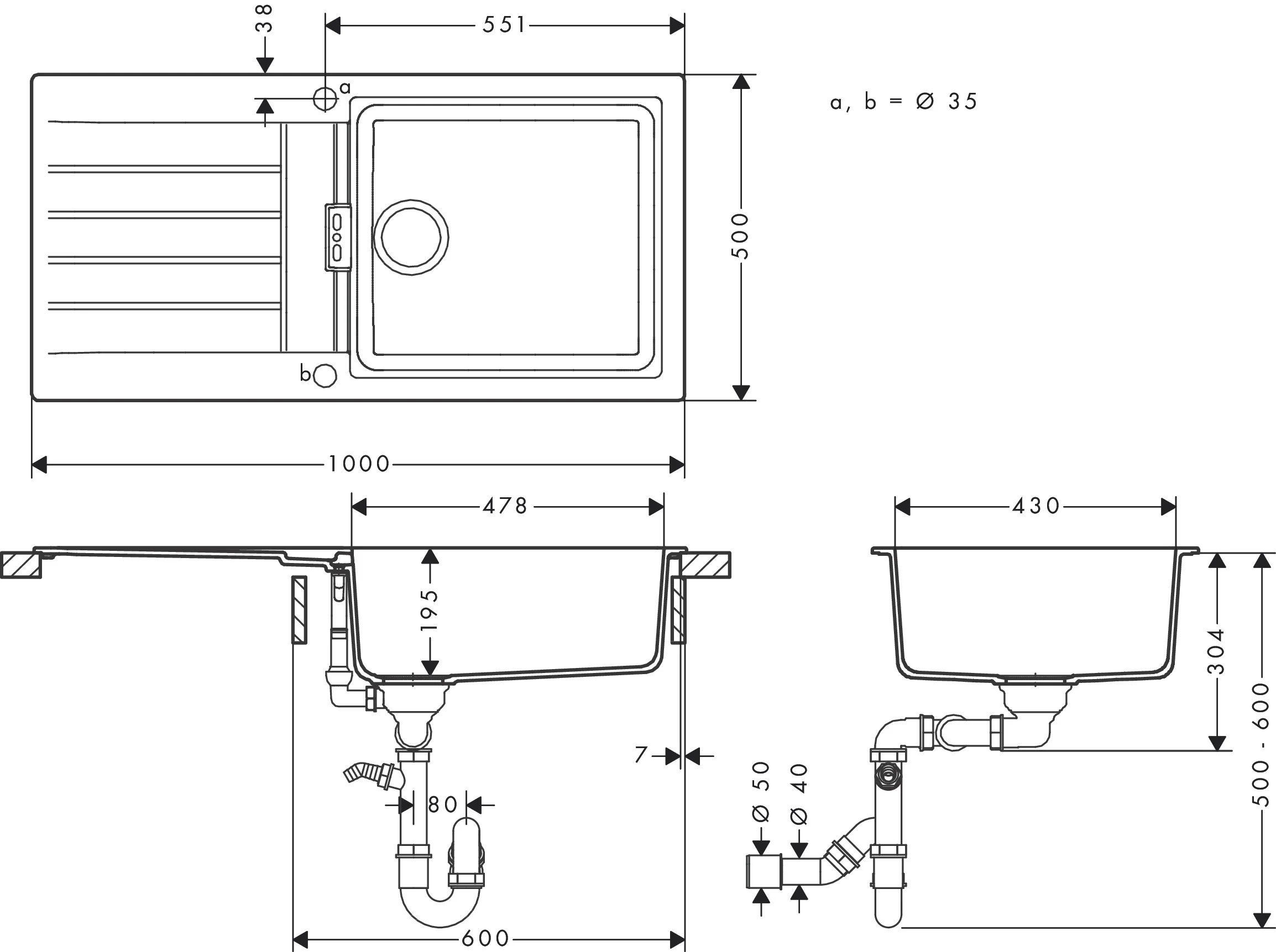 Hansgrohe S52 Einbauspüle 480 mm Steingrau, reversibel, mit automatischer Ablaufgarnitur und Abtropffläche