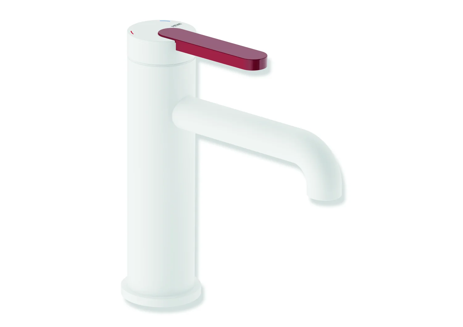 HEWI Einhebel-Waschtischmischer AQ477, pulverbeschichtet in Weiß tiefmatt mit rubinrotem Griffelement, Höhe 172 mm, Ausladung 130 mm, Durchfluss 5 l/min, Keramikkartusche K-35OP, druckfest bis 35 bar