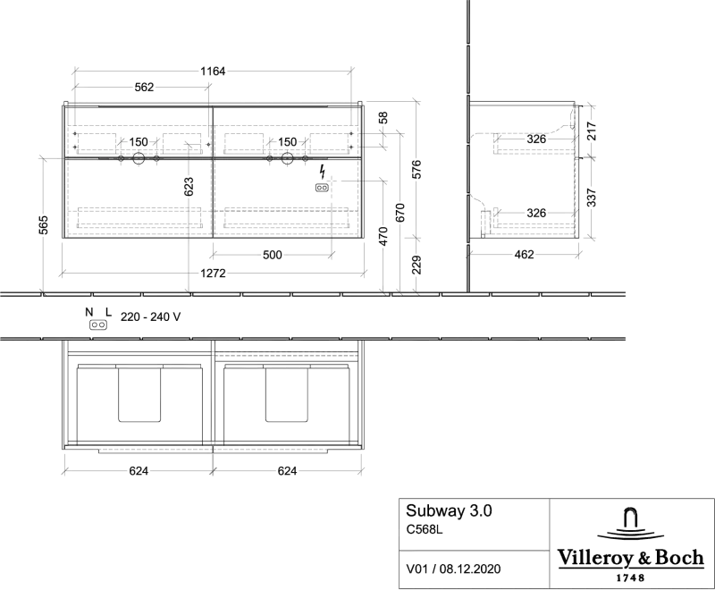 Villeroy & Boch Set-Möbelset aus Spiegelschrank, Doppelwaschtisch, Unterschrank und Hochschrank in Cashmere Grey