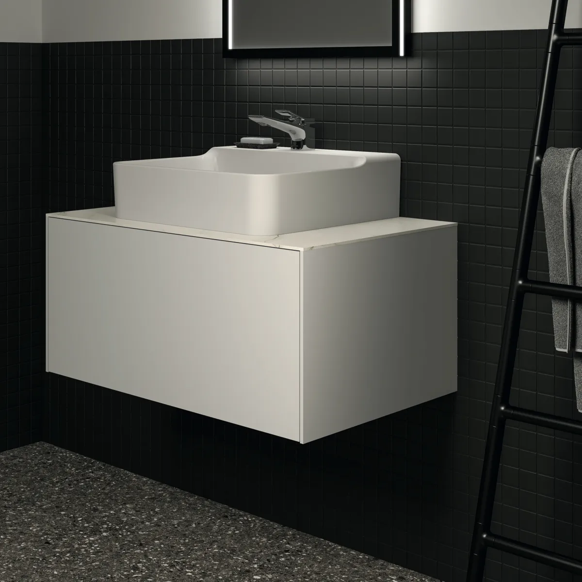 Waschtischplatte Conca, aus Keramik, 802x505x6mm, Marmor Noir Desir Waschtischplatte Conca, aus Keramik, 802x505x6mm, Marmor Noir Desir