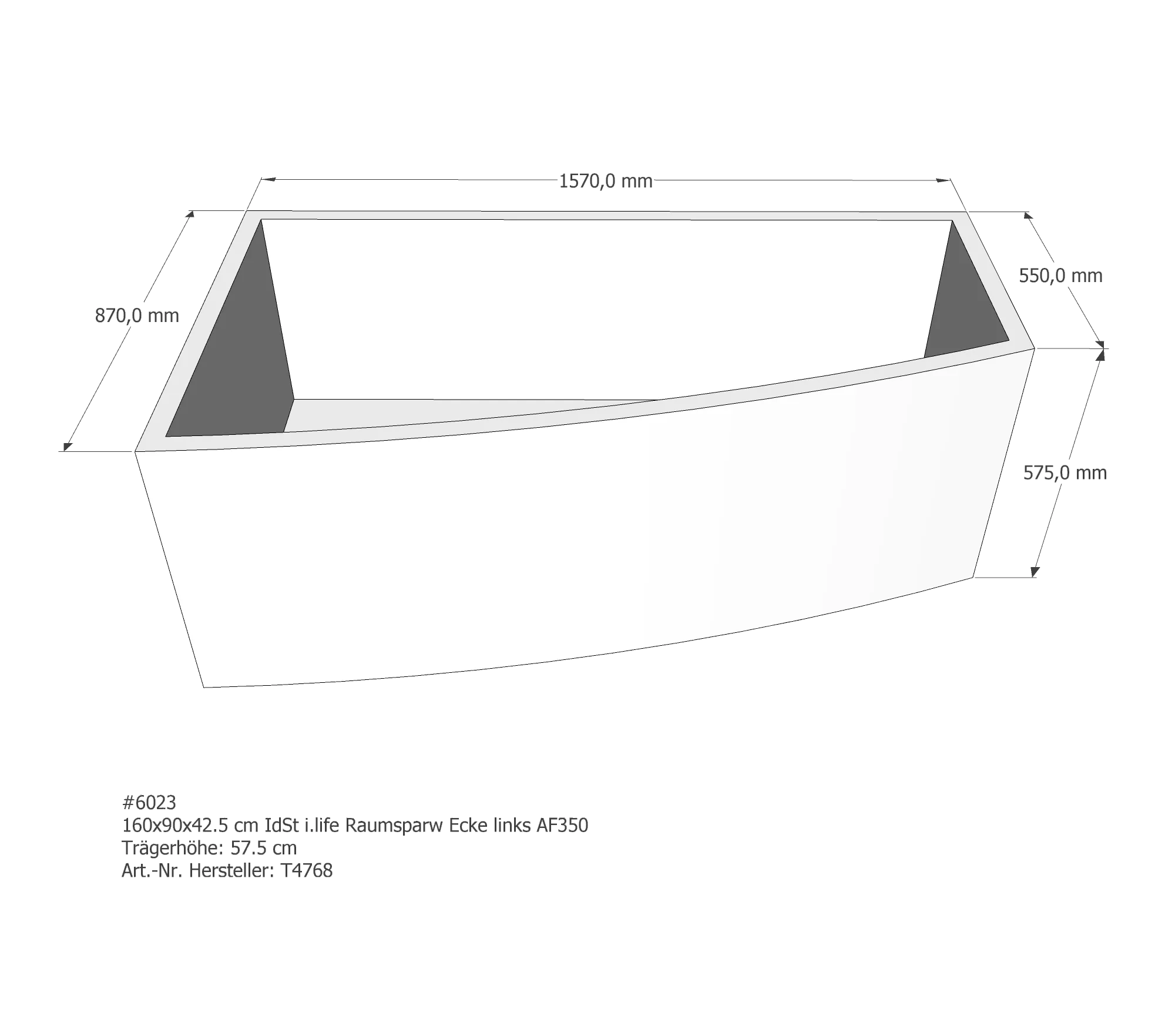 Badewannenträger passend für Ideal Standard i.life links 160 × 90 × 42,5 cm