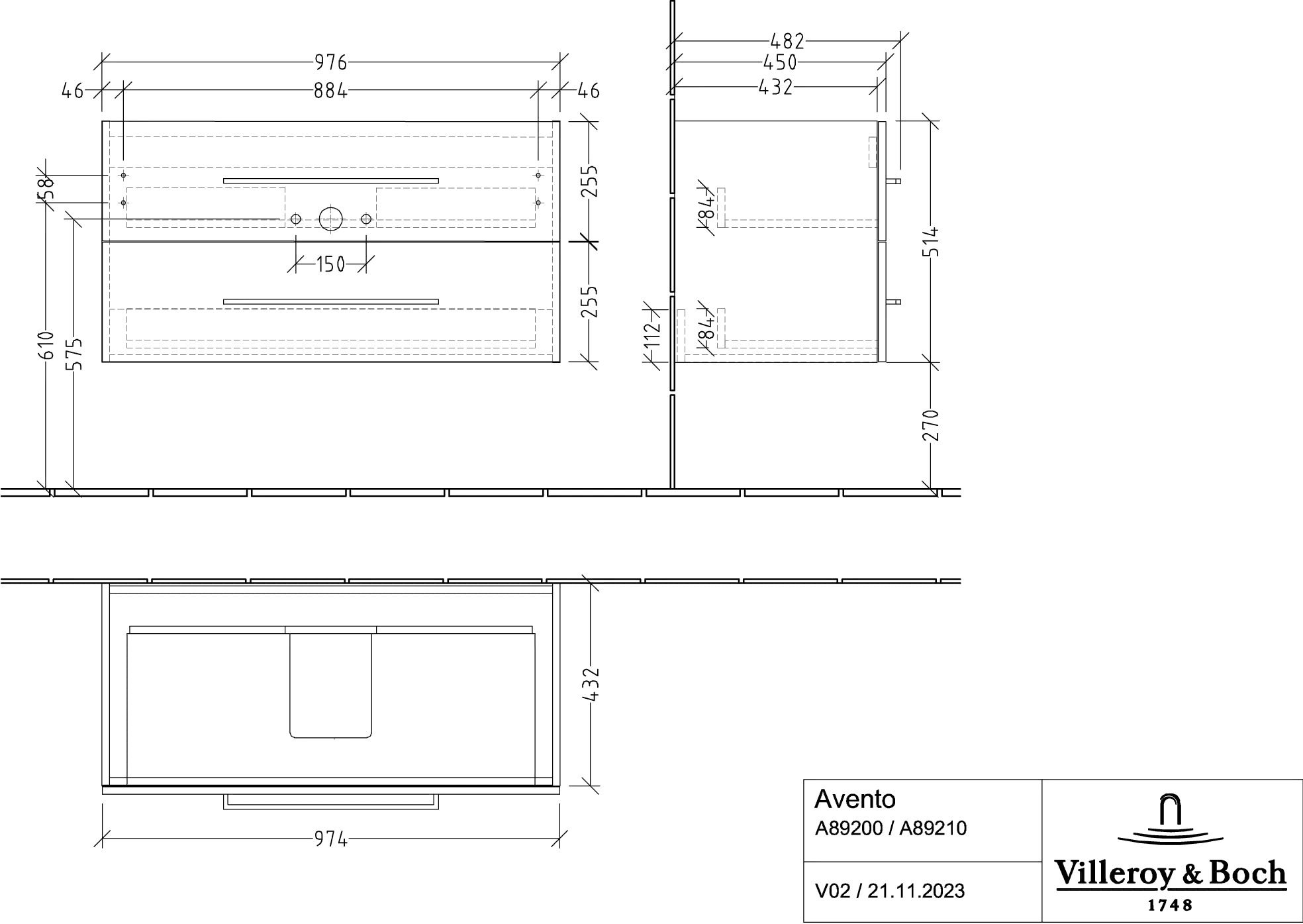 Villeroy & Boch Waschtischunterschrank „Avento“ für Schrankwaschtisch 98 × 51,4 × 45,2 × 45,2 cm Nordic Oak, Soft Closing