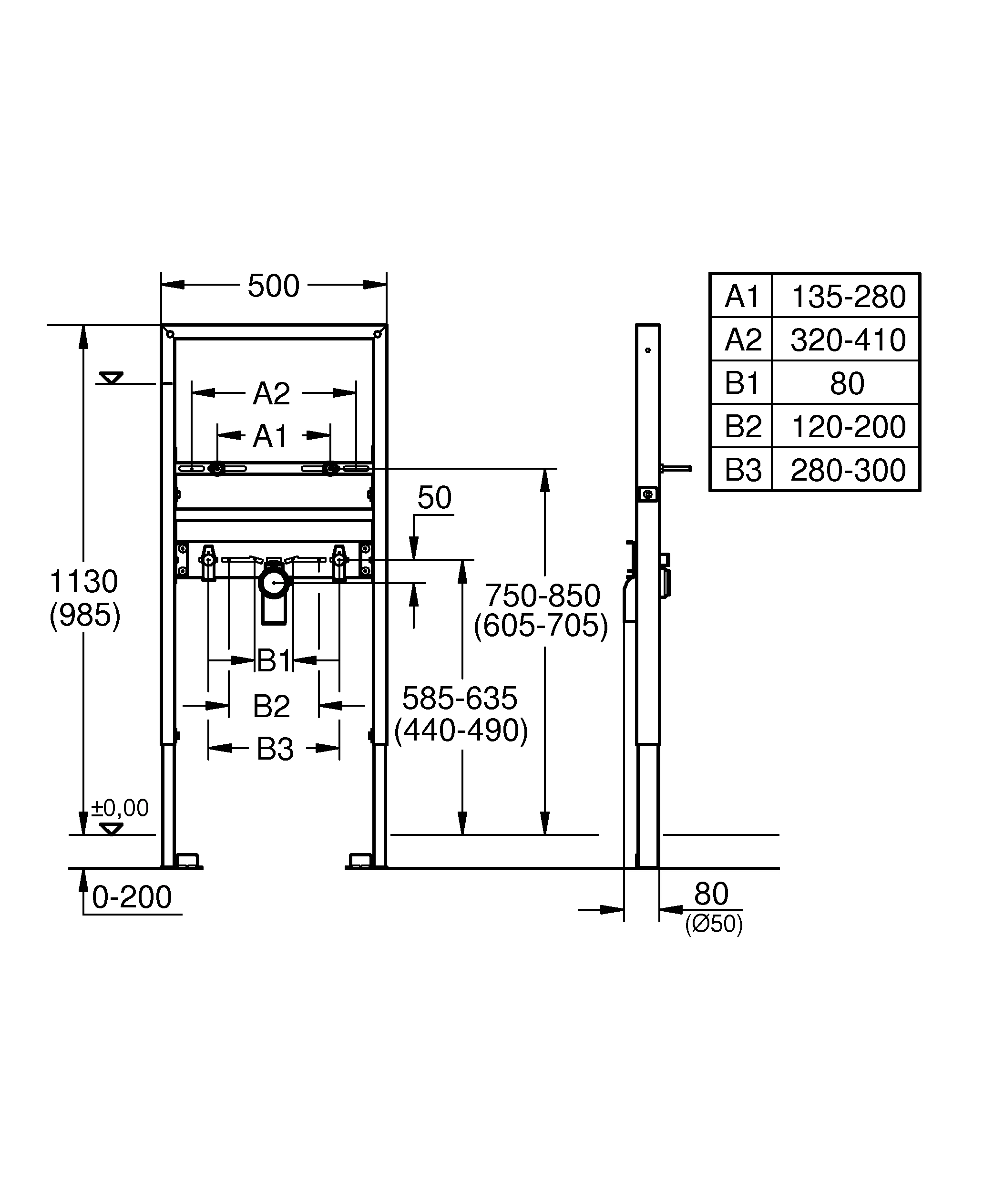 Waschtisch-Element Rapid SL 39052, 1,13 m Bauhöhe, für Einlochbatterie, für Vorwand- oder Ständerwandmontage, mit Schallschutz, 2 schallgedämmte Armaturenanschlüsse DN 15, HT-Ablaufbogen DN 50