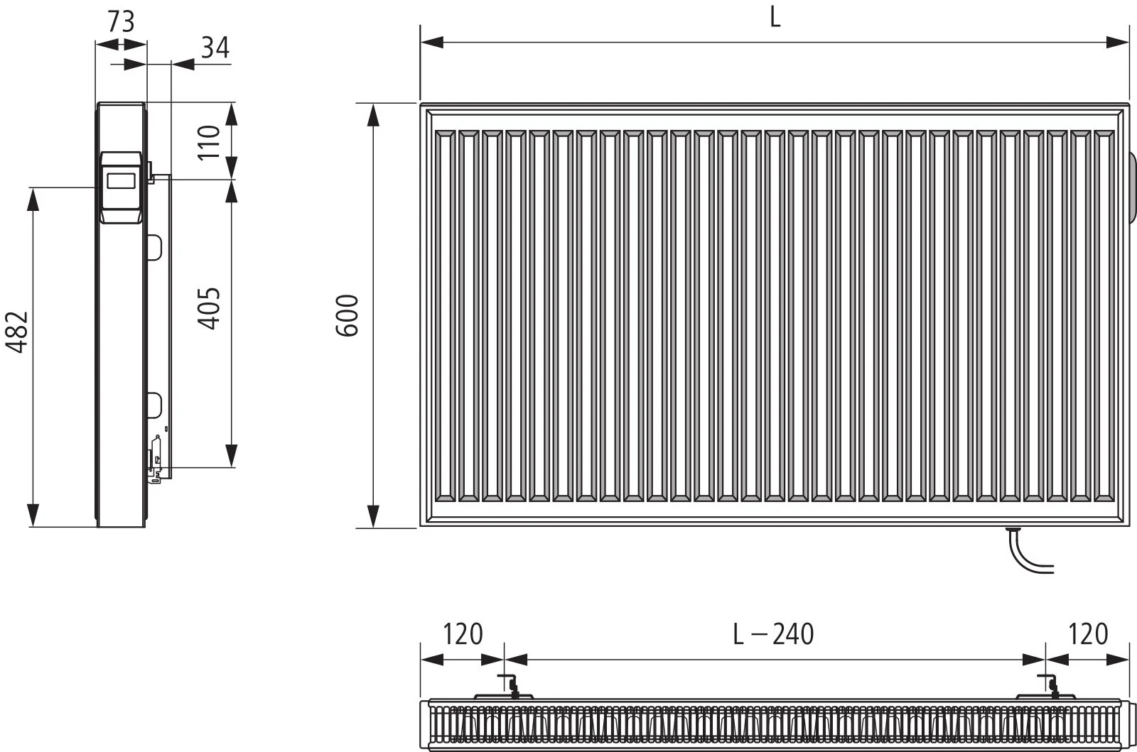 Flachheizkörper E-Panel Profil horizontal Typ 21, HxLxT: 600x1000x73 mm, Farbe: Weiß RAL 9016 seidenglanz, Ausführung: links, Reglertyp: programmierbarer Regler Elektroset: 1250 Watt, Schutzkl.: 2, Stecker: EU, Winkelkonsole lang