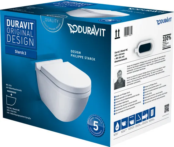 Duravit Wand-Tiefspül-WC inkl. WC-Sitz „Starck 3“ 37 × 54 × 42 cm, Befestigung sichtbar Duravit Wand-Tiefspül-WC inkl. WC-Sitz „Starck 3“ 37 × 54 × 42 cm, Befestigung sichtbar