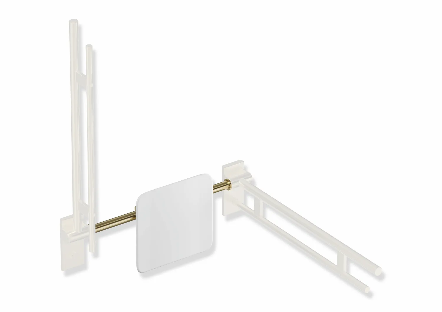 Rückenstütze des Systems 900, Anbindung aus Edelstahl, PVD, Lehne aus Kunststoff, weiß, Achsmaß von 588 bis 688 mm bauseits verstellbar, T: 150 mm, Montage an Stützklappgriffen, Design (A) des Systems 900, in Farbe CK (messing glänzend) Rückenstütze des Systems 900, Anbindung aus Edelstahl, PVD, Lehne aus Kunststoff, weiß, Achsmaß von 588 bis 688 mm bauseits verstellbar, T: 150 mm, Montage an Stützklappgriffen, Design (A) des Systems 900, in Farbe CK (messing glänzend)