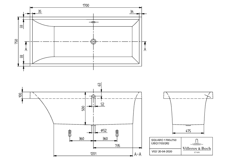 Villeroy & Boch Whirlsystem „Squaro“ mit Whirlsystem „Airpool Entry“ rechteck 170 × 75 cm, rechteckig 