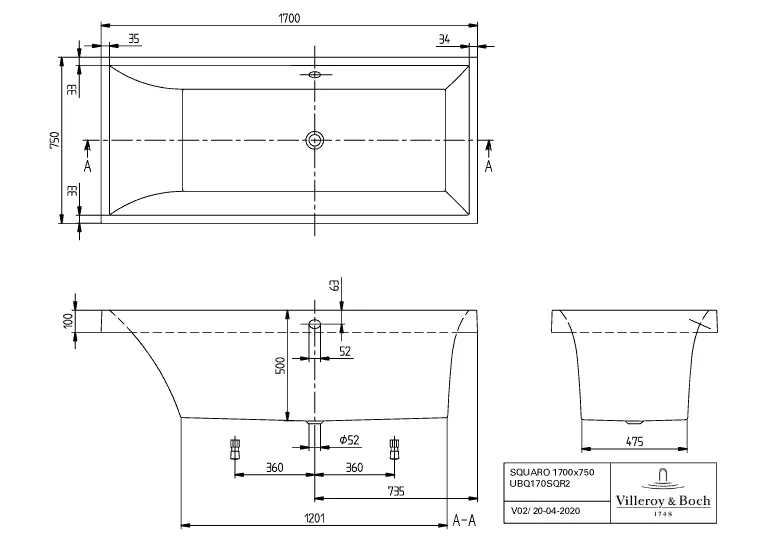 Villeroy & Boch Badewanne „Squaro“ rechteck 170 × 75 cm, Mittelablauf