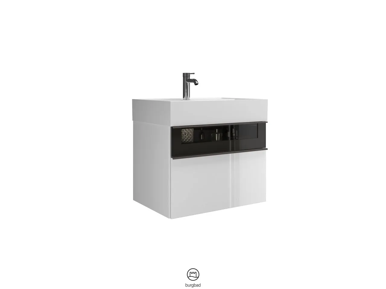Mi-Waschtisch inkl. WTU Yumo von burgbad – Mineralguss, 470x665x610 mm, 1 Schublade, Rauchglasfront