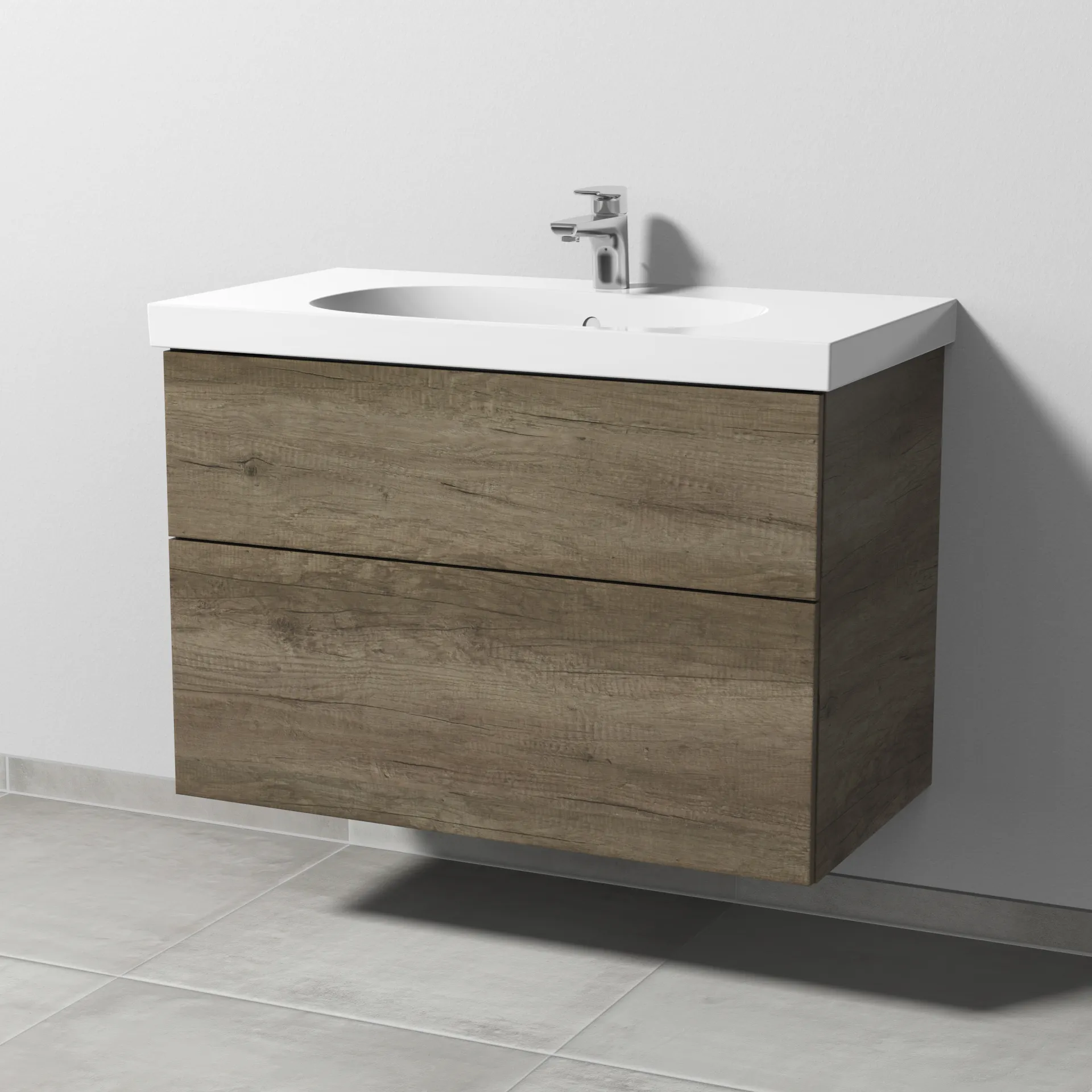 Sanipa Waschtischunterschrank „3way“ passend zu Keramik-Waschtische Acanto von Geberit 870 × 586 × 467 mm in Eiche Nebraska, mit Hahnlochbohrung,