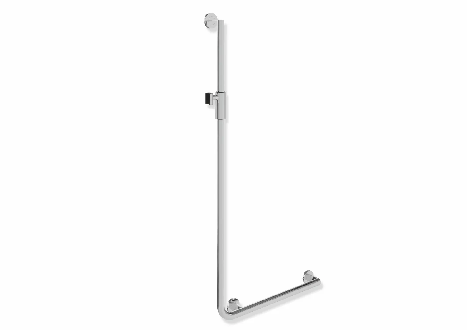 Winkelgriff mit Brausehalter, Edelstahl, verchromt, waagerechte Länge 600 mm, senkrechte Länge 1250 mm, D: 32 mm, Ausführung rechts, mit magnetischem Brausehalter Winkelgriff mit Brausehalter, Edelstahl, verchromt, waagerechte Länge 600 mm, senkrechte Länge 1250 mm, D: 32 mm, Ausführung rechts, mit magnetischem Brausehalter