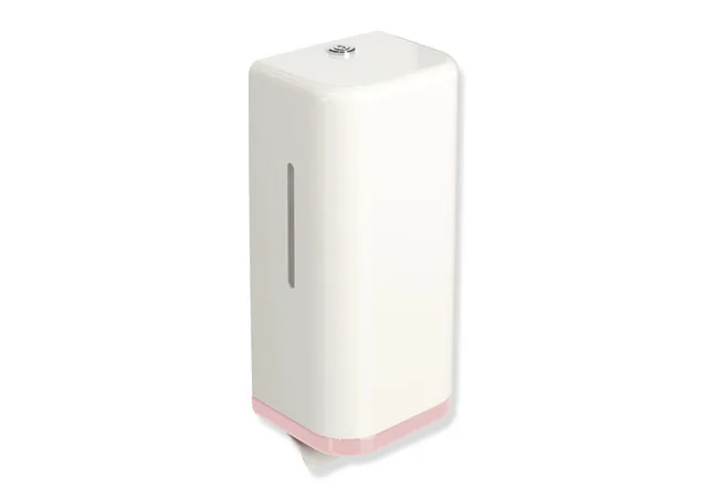 HEWI Seifenspender Serie 477, manuell, Korpus und Hebel in hochglänzendem Polyamid, Farbe 99 (Reinweiß), Rahmenelement in HEWI Farbe 47 (Rosa), Füllmenge 600 ml, Maße: 134 x 278 x 106 mm