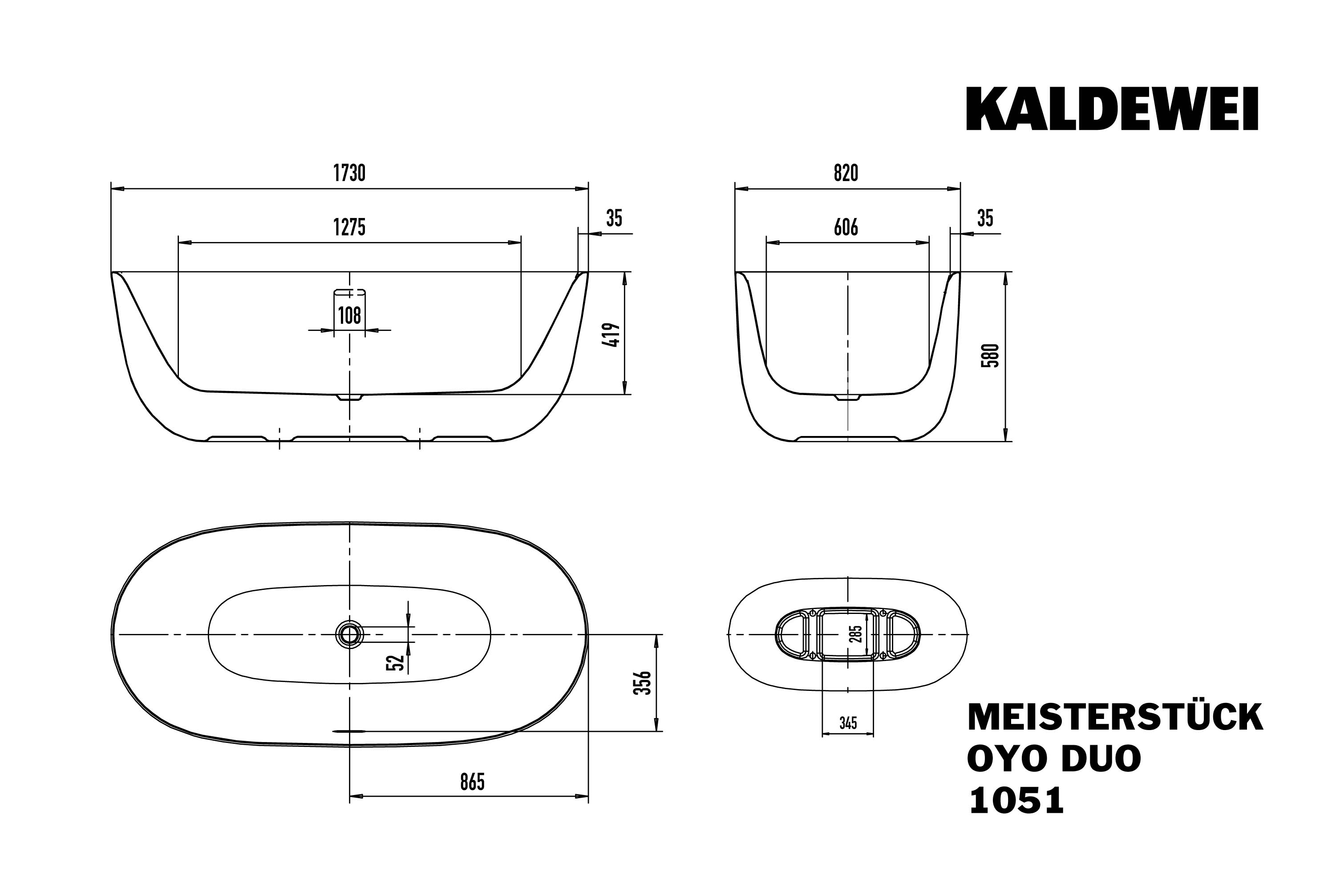 Kaldewei Badewanne „Meisterstück Oyo Duo“ freistehend viertelkreis 173 × 82 cm, Mittelablauf ohne Überlauf, in alpinweiß