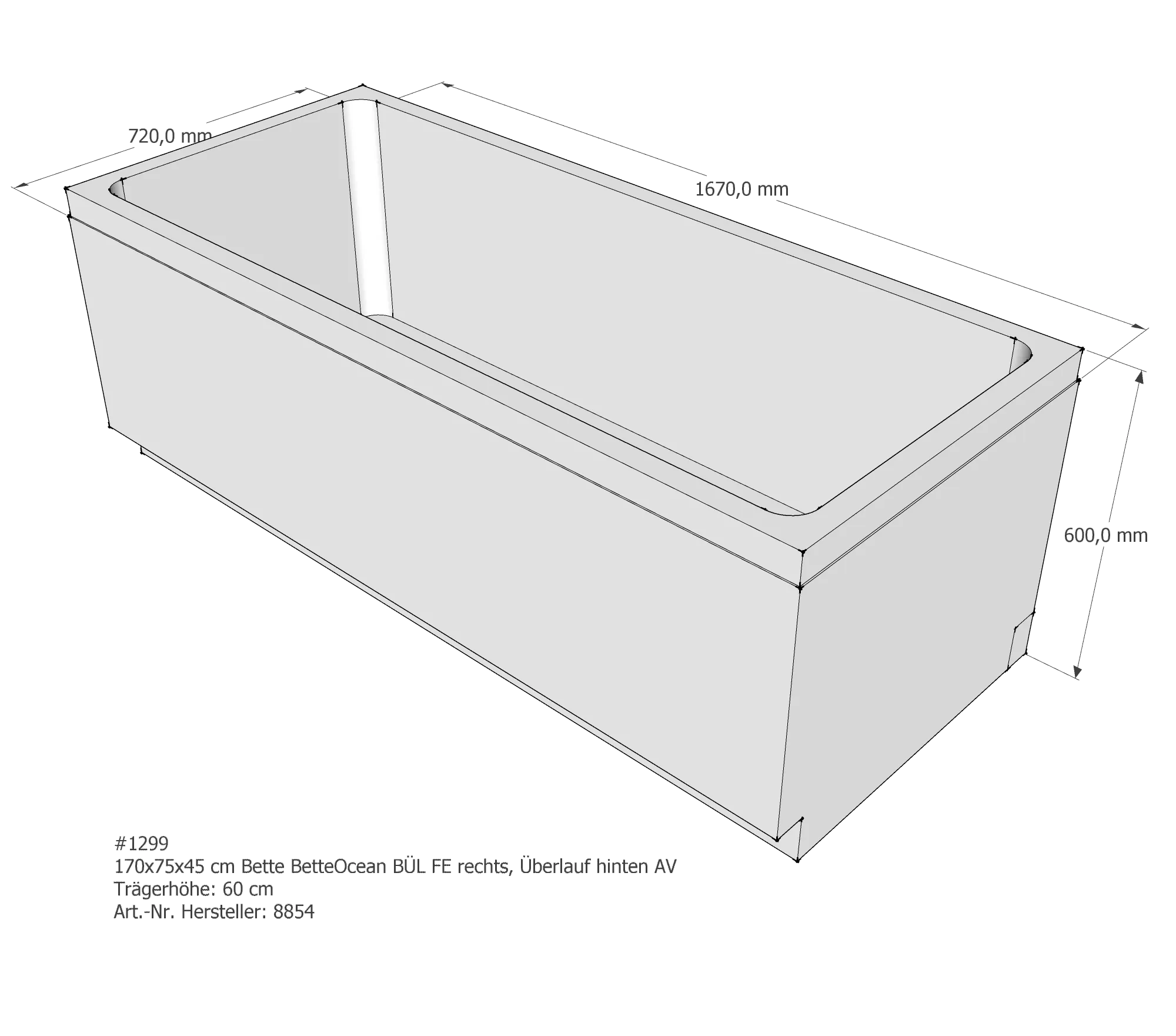 Badewannenträger für Bette Ocean 170 × 75 × 45 cm Ab- und Überlaufposition: hinten / Breite: 75 cm / Länge: 170 cm