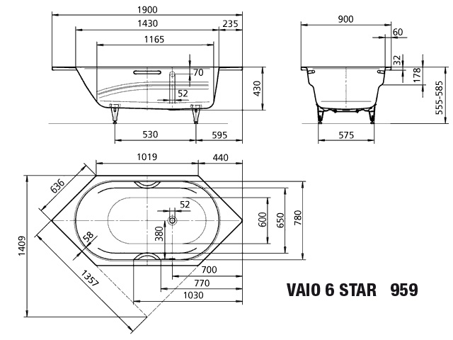 Kaldewei Badewanne „Vaio 6 Star“ 190 × 90 cm in alpinweiß, / 
