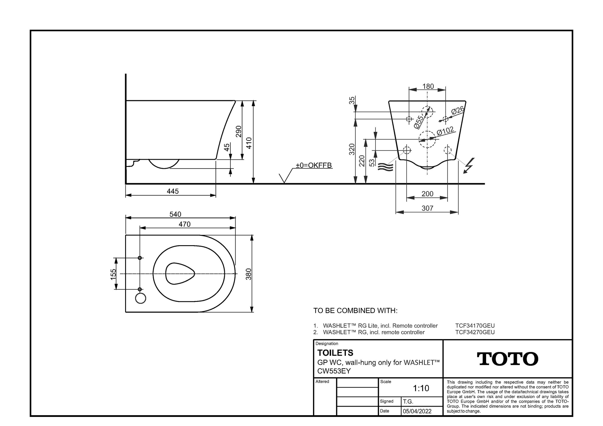 Toto Wand-Tiefspül-WC spülrandlos, TORNADO FLUSH „GP“ 380 × 335 × 540 mm