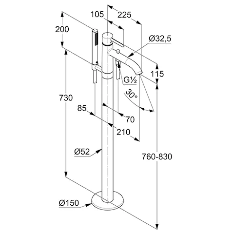 Kludi BOZZ Stand Wannenfüll- und Brause-Einhandmischer brushed gold