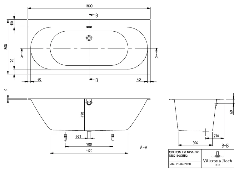 Villeroy & Boch Badewanne „Oberon 2.0“ Duo rechteck 180 × 80 cm, Mittelablauf