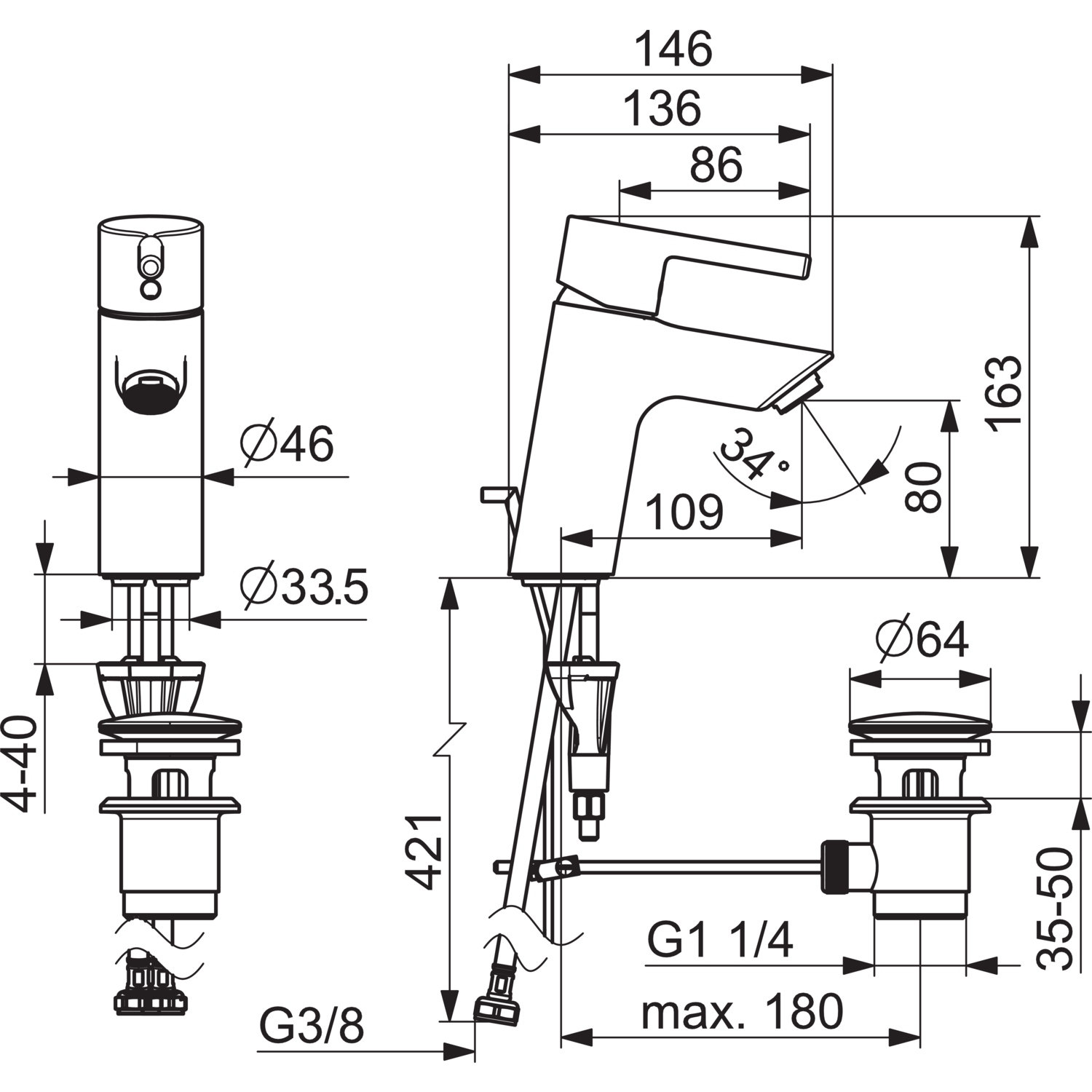 EHM Waschtischbatterie VANTIS 5240 Ablaufgarnitur mit Zugstange Ausladung 109 mm Chrom Pinhebel