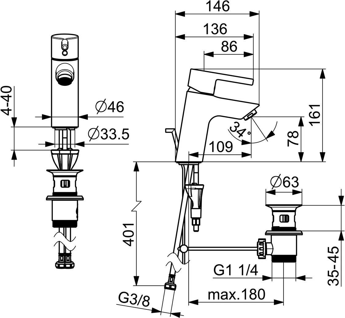 HansaVANTIS Waschtischarmatur Hansavantis 2022 EHM WT-Batt. HansaVANTIS 5240 Zugst.Ablgarn. Ausld. 109 mm chr Pinheb.