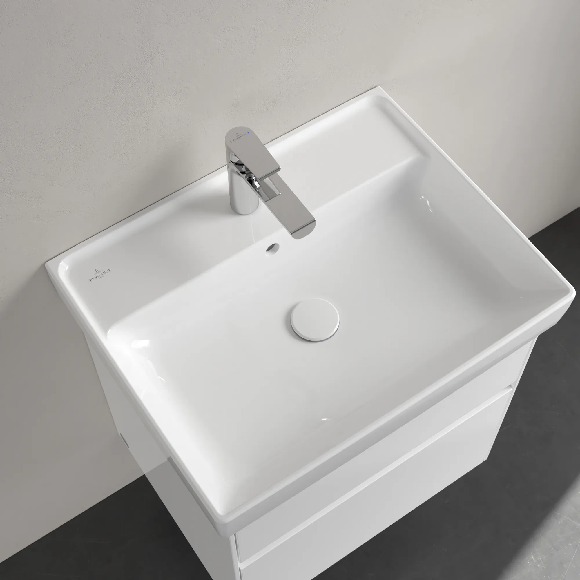 Villeroy & Boch Wandwaschtisch aus TitanCeram „Collaro“ 600 × 470 × 160 mm, mit Hahnlochbohrung, Hahnlochposition mittig in Weiß Alpin