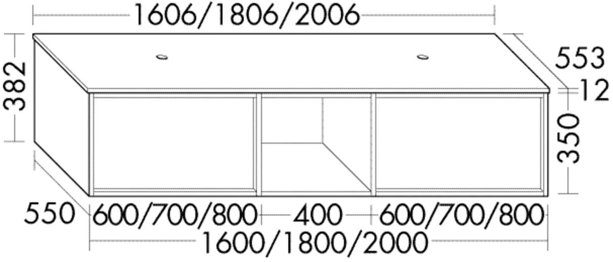 Burgbad Waschtischunterschrank Uomo inkl. Konsolenplatte, 1606 mm breit, 382 mm hoch, 420 mm tief, 2 Auszüge, 1 offenes Fach