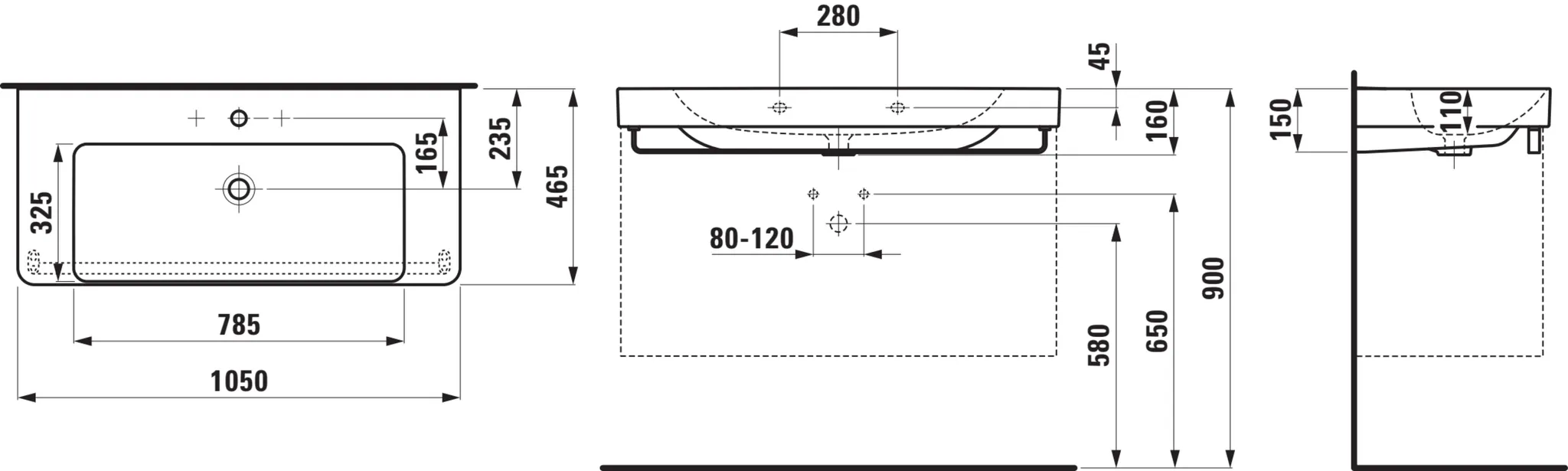 PRO X Waschtisch 810869 1HL m. mÜL, 1050x465, weiß