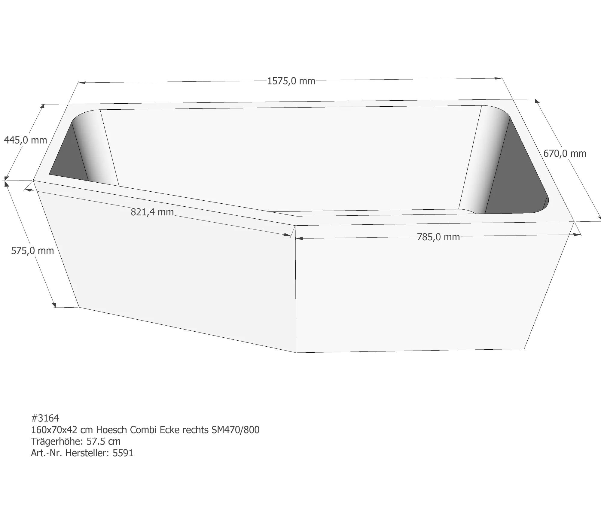 Badewannenträger für Hoesch Combi rechts 160 × 70 × 42 cm, 3164, Sonderangebot