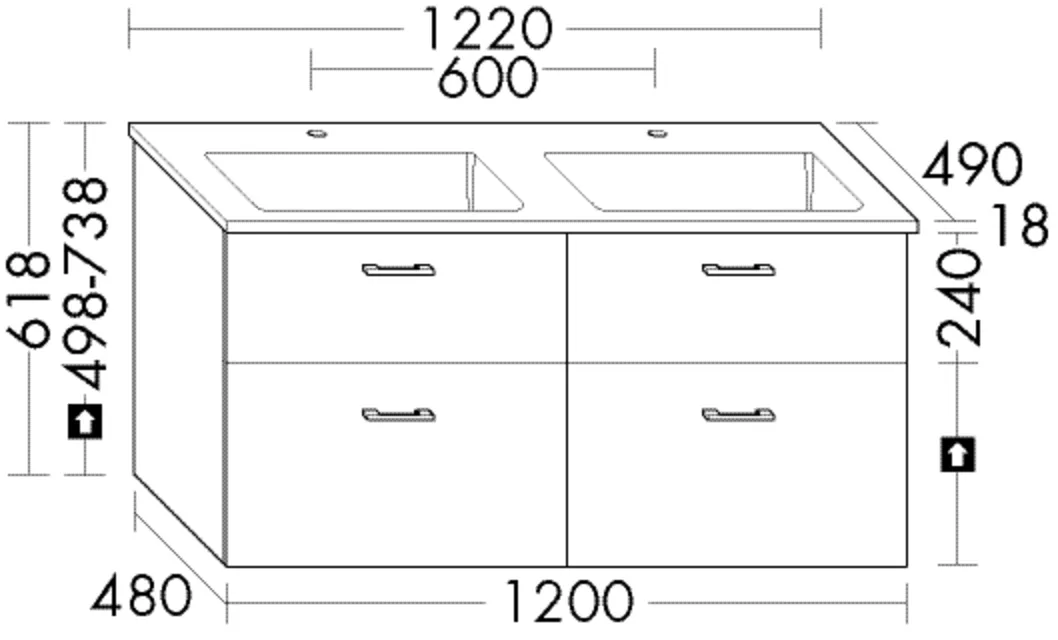 Mineralguss-Waschtisch Eqio inkl. Waschtischunterschrank - burgbad Sys30, 490x1220x618 mm, 2 Armaturbohrungen, 500x305 mm Becken