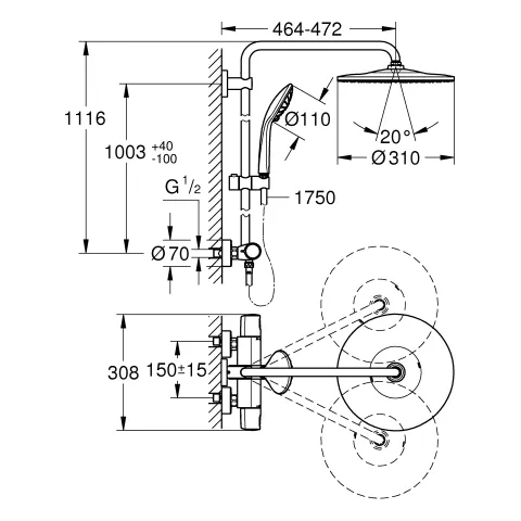 Duschsystem Euphoria System 310 26075_1, mit Aufputz-Thermostat mit Aquadimmer Funktion, für die Wandmontage, 450 mm Duscharm, Kopfbrause Rainshower Mono 310 (26561), Handbrause Euphoria 110 Massage (27221), CoolTouch, chrom Duschsystem Euphoria System 310 26075_1, mit Aufputz-Thermostat mit Aquadimmer Funktion, für die Wandmontage, 450 mm Duscharm, Kopfbrause Rainshower Mono 310 (26561), Handbrause Euphoria 110 Massage (27221), CoolTouch, chrom