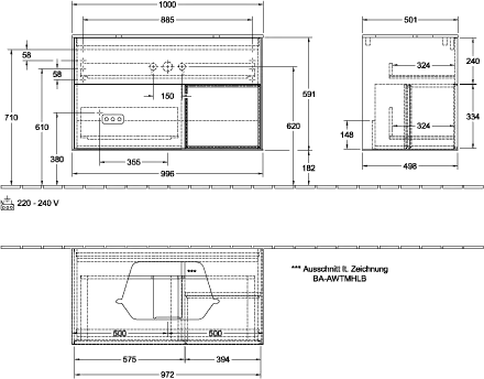 Villeroy & Boch Waschtischunterschrank „Finion“ für Schrankwaschtisch 100 × 60,3 × 50,1 cm 2 Schubladen, für Waschtischposition mittig, inkl. Beleuchtung mittig