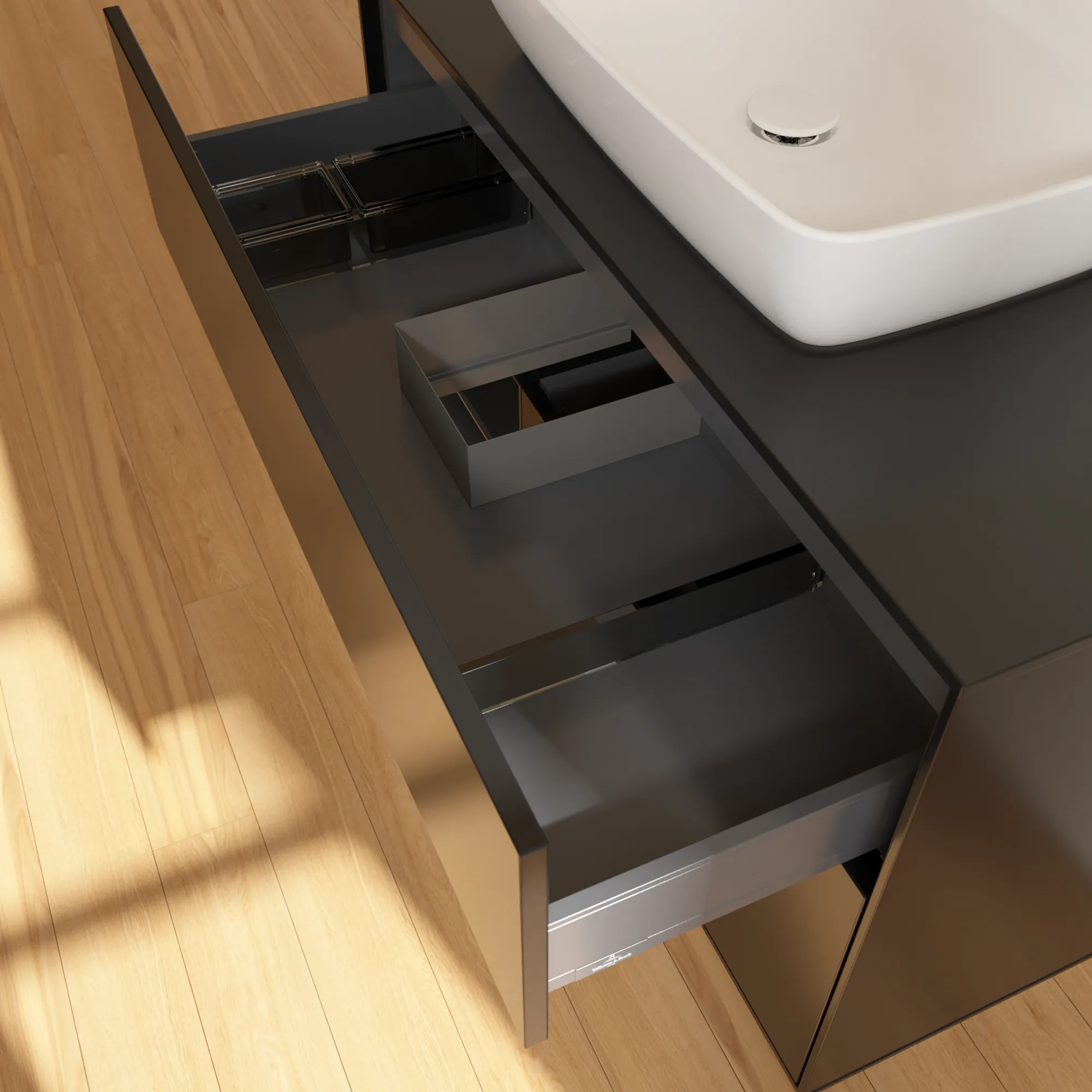 Villeroy & Boch Waschtischunterschrank „Finion“ für Schrankwaschtisch 1000 × 603 × 501 mm Black Matt Lacquer, für Becken mittig Villeroy & Boch Waschtischunterschrank „Finion“ für Schrankwaschtisch 1000 × 603 × 501 mm Black Matt Lacquer, für Becken mittig