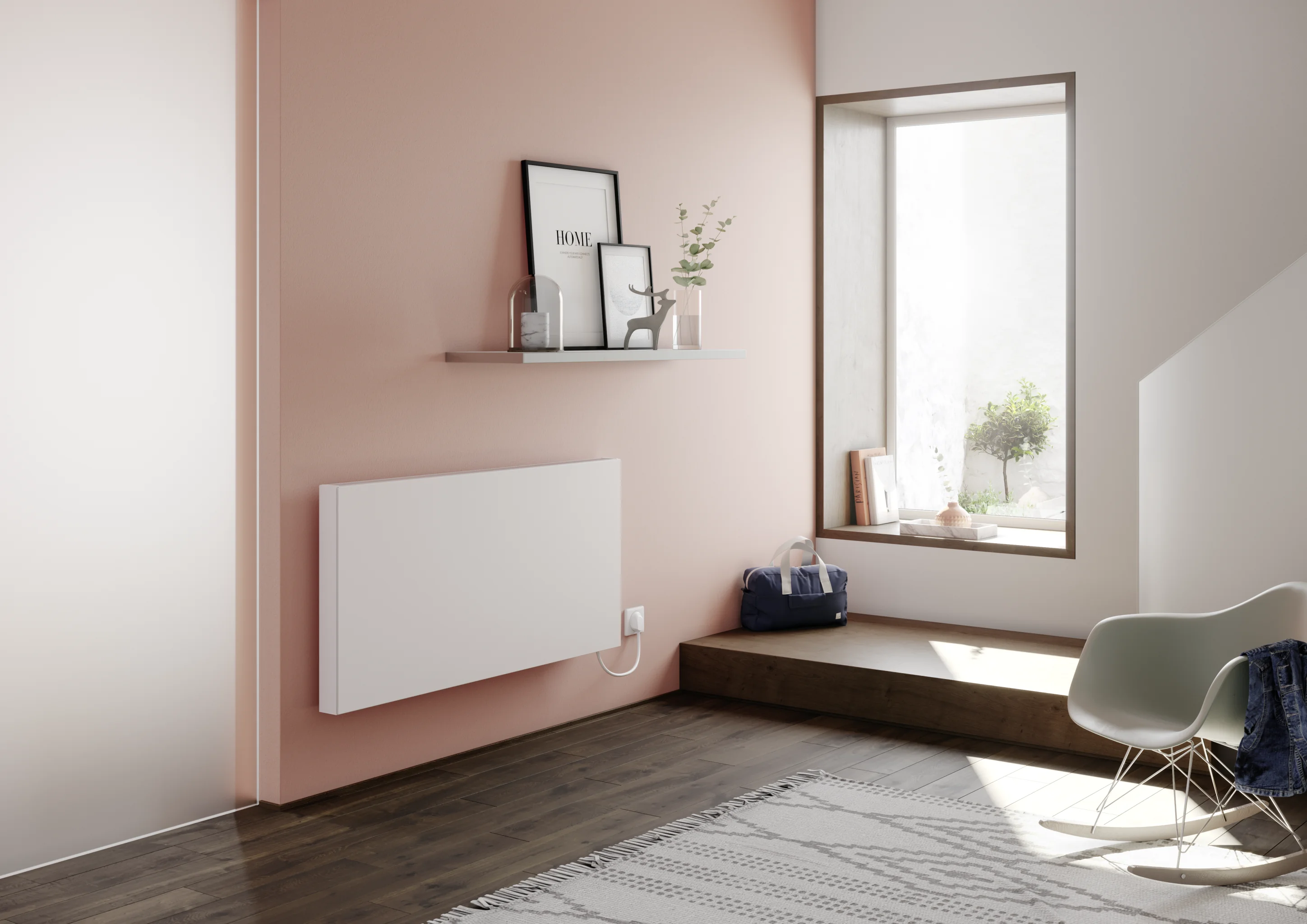 Flachheizkörper E-Panel Plan horizontal Typ 21, HxLxT: 600x1000x74 mm, Farbe: Weiß RAL 9016 seidenglanz, Reglertyp: ohne Regler Elektroset: 1500 Watt, Schutzkl.: 2, Stecker: ohne Stecker, Winkelkonsole lang