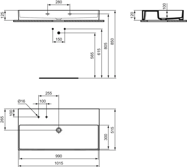 Waschbecken „Solos“ 101,5 × 51,5 × 12,5 cm, Hahnlochposition links in Weiß Waschbecken „Solos“ 101,5 × 51,5 × 12,5 cm, Hahnlochposition links in Weiß