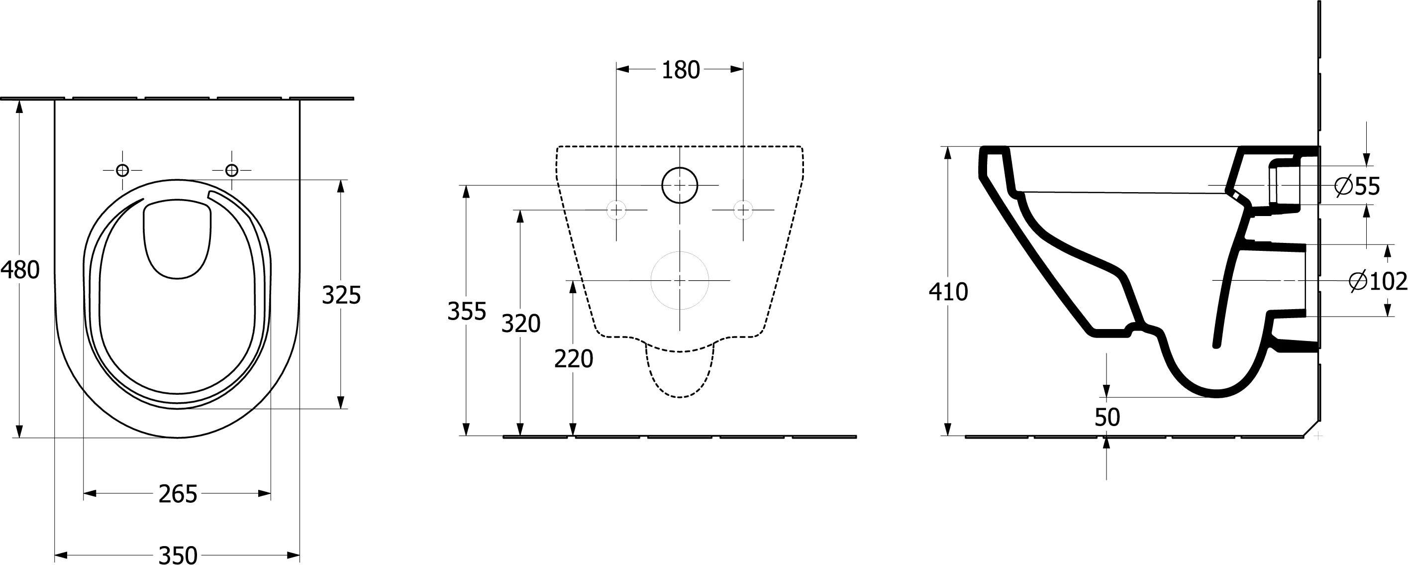 Wand-Tiefspül-WC Combi-Pack TwistFlush „Architectura“ 35 × 35,5 × 48 cm, Befestigung sichtbar, ohne Spülrand