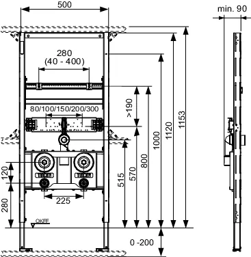 TECEprofil Waschtischmodul inklusive zwei Montageblöcken für Wasser-Messkapseln, Bauhöhe 1120 mm