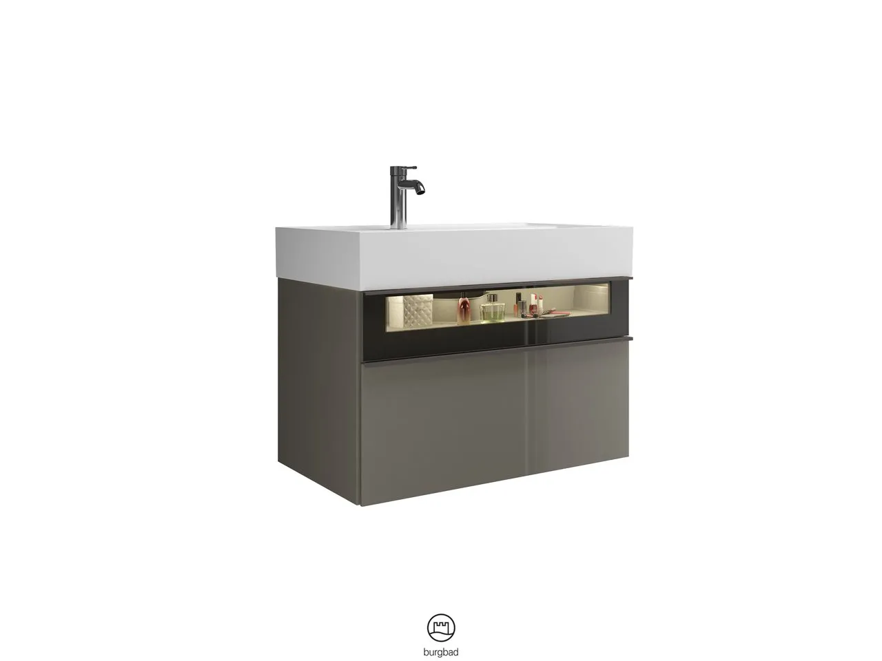 Mi-Waschtisch inkl. WTU Yumo von burgbad – 470x815x610 mm, Mineralguss, Rauchglasfront, LED-Beleuchtung