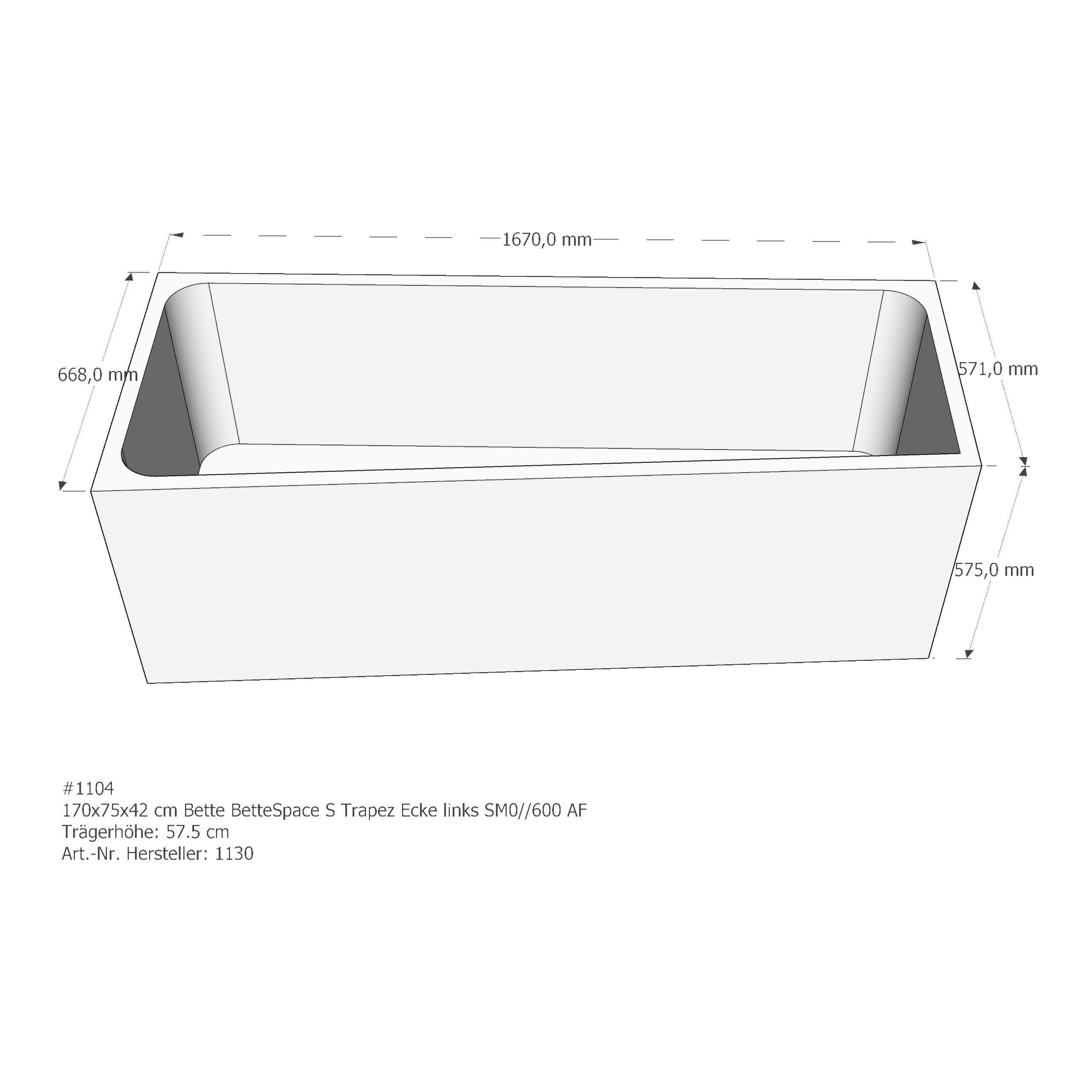 Badewannenträger für Bette BetteSpace S 170 × 75 × 42 cm