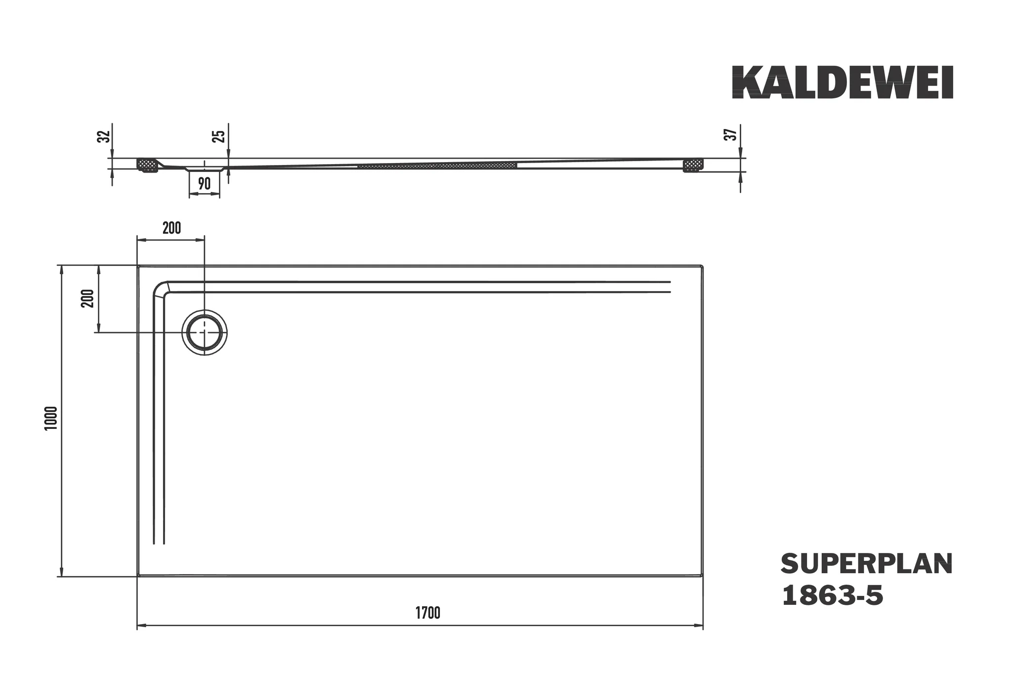 Kaldewei SUPERPLAN MIT WANNENTRÄGER EXTRAFLACH, Duschfläche 1000x1700 mm, warm beige 20, Perl-Effekt, 32 mm Randhöhe