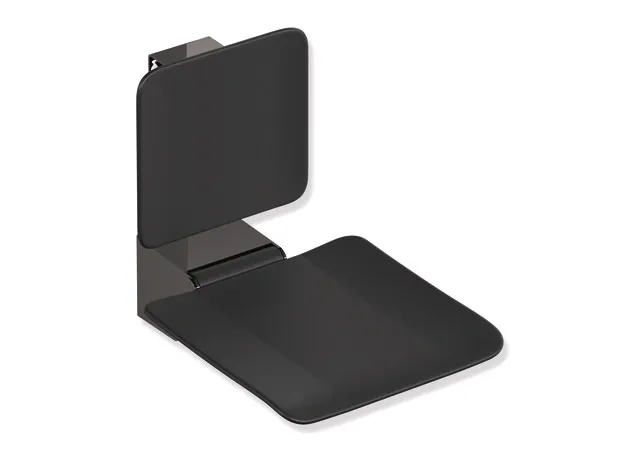 HEWI Klappsitz des Systems 900, Wandkonsole aus Edelstahl, PVD, Sitzfläche und Rückenlehne aus strukturiertem Kunststoff, schwarz