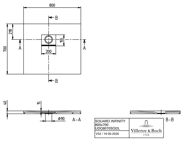 Villeroy & Boch rechteck Duschwanne „Squaro Infinity“ Eck-Einbau links gegen Wand 80 × 70 cm in Anthracite