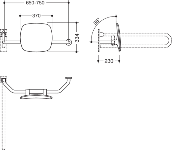 Rückenstütze, WA=230mm, rechts zur Befest.an Wand-/SK-Griff signalweiß